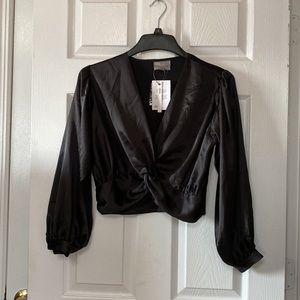 ASOS Black Satin Front Twist Vintage Blouse Top